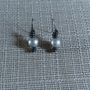 Handmade Silver Pearl And Dark Gray Leather Earrings